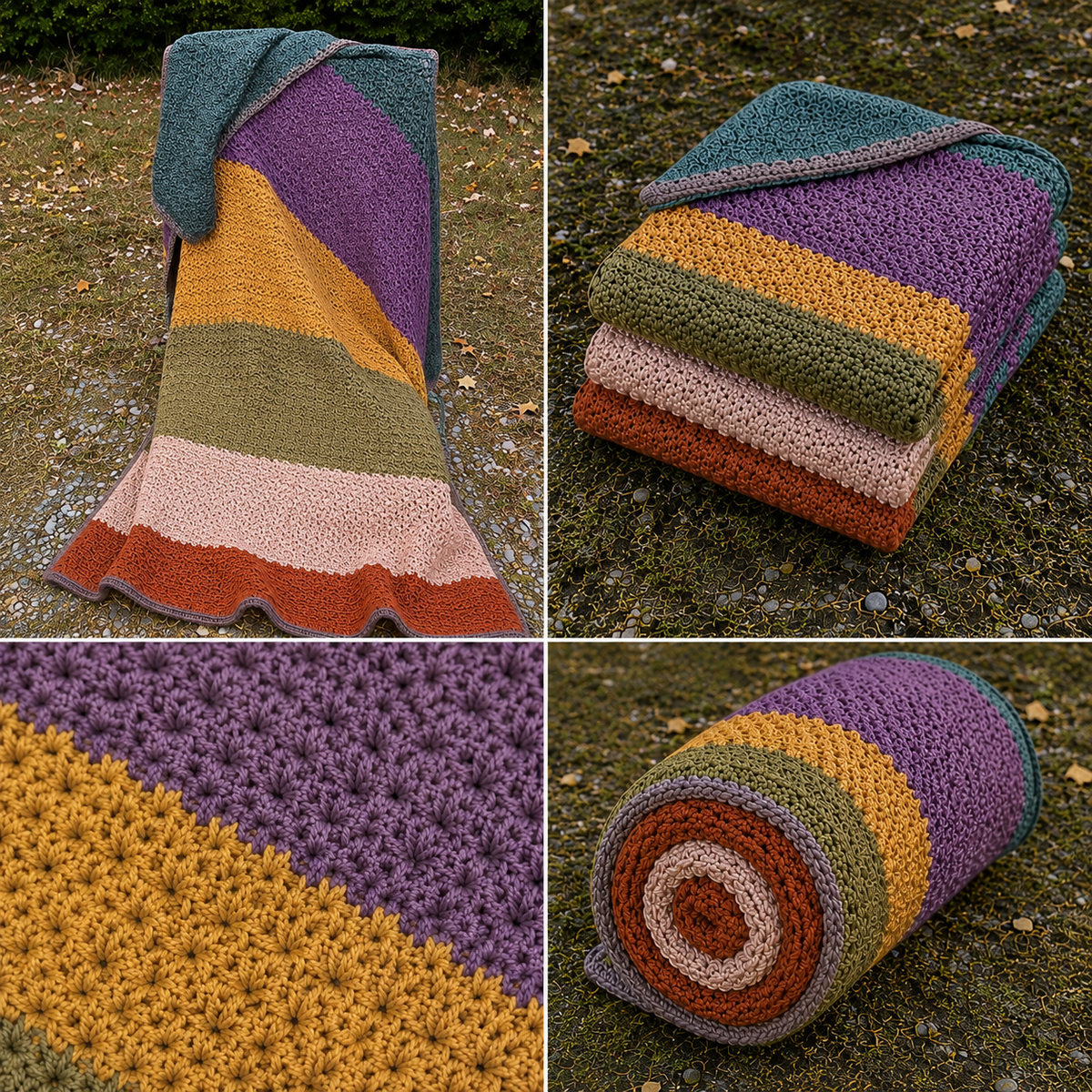 Bohemian Horizon handmade crocheted afghan four-photo collage