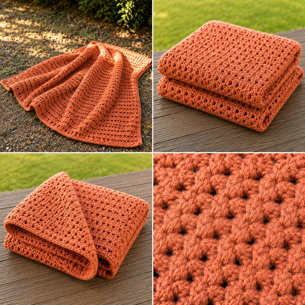 Burnt Sienna Sands handmade crocheted afghan four-photo detail collage