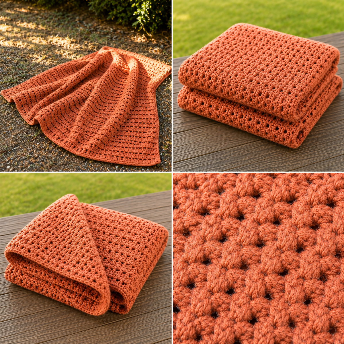 Burnt Sienna Sands handmade crocheted afghan four-photo detail collage
