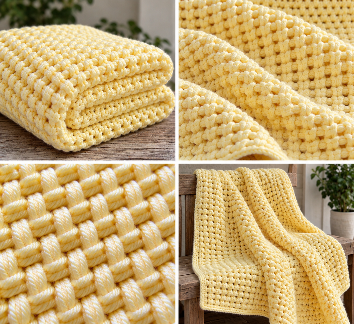 Four-view collage of Buttercream Dreams pale yellow handmade afghan