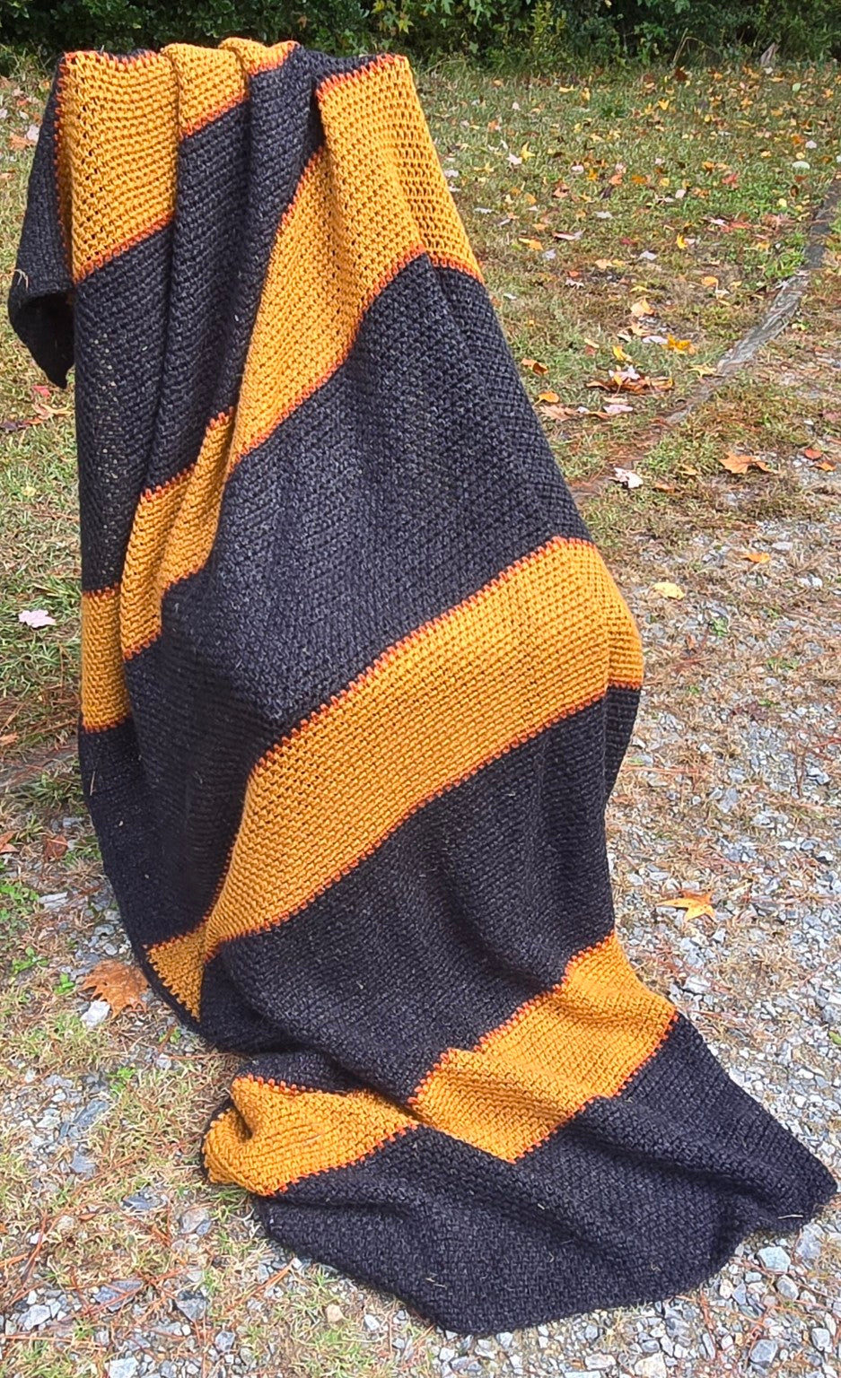 Handmade crochet Afghan blanket in charcoal gray and canyon orange stripes - Canyon Nightfall