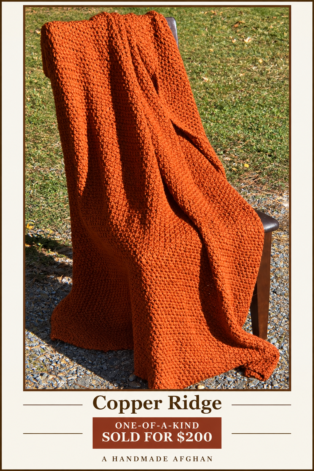 Copper Ridge one-of-a-kind sold handmade afghan sold for $200
