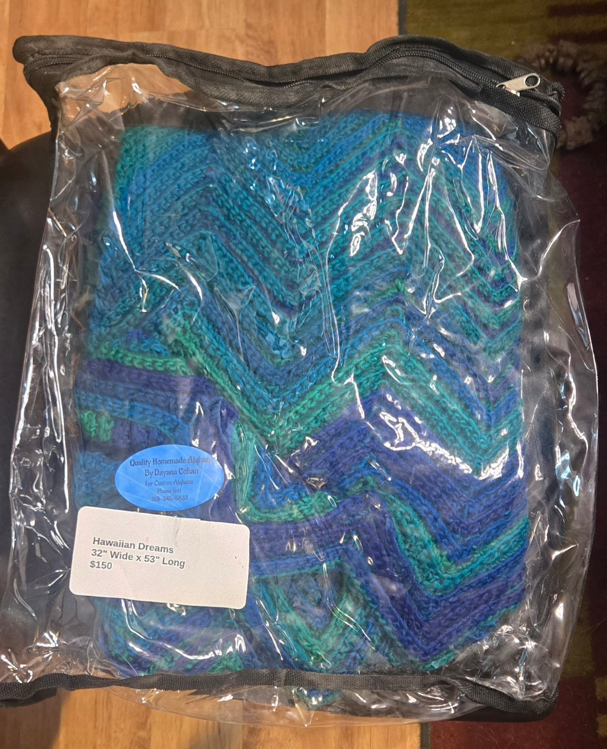 Hawaiian Dreams handmade afghan in its protective storage case