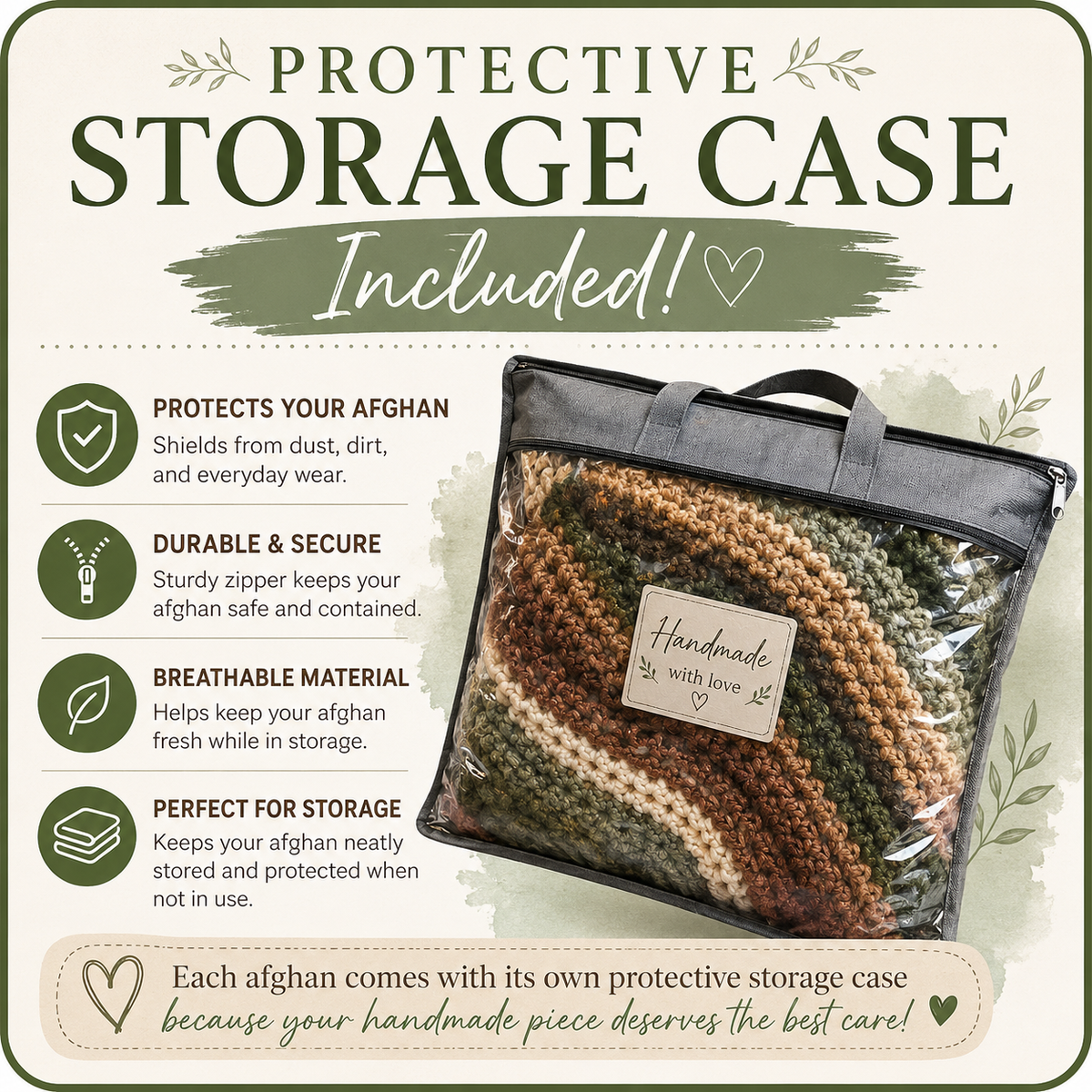Protective zippered storage case included with every Handmade Crochet Afghan 