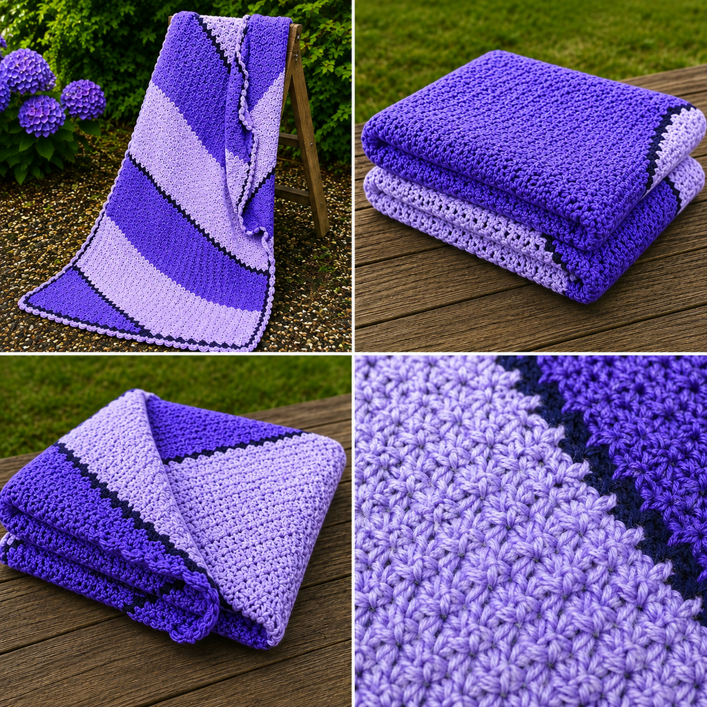 Purple Passion handmade afghan four-photo collage