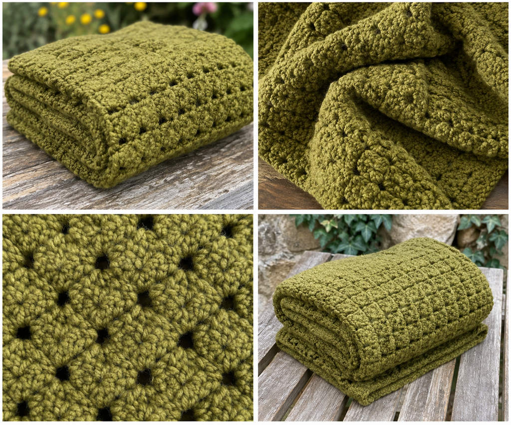 Silent Forest handmade crocheted afghan pattern and folded detail views
