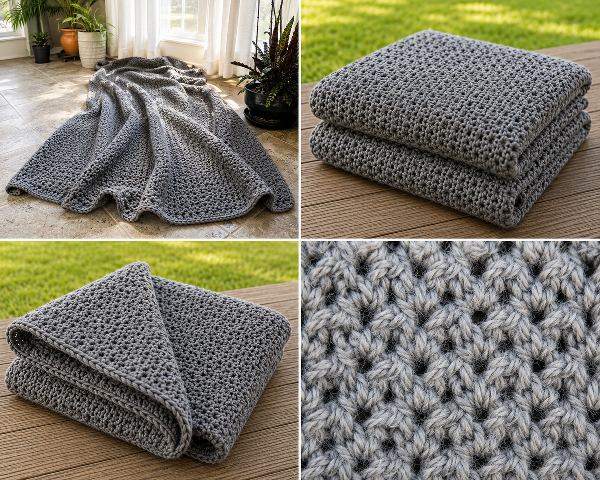 Steel Willow handmade gray crocheted afghan detail collage