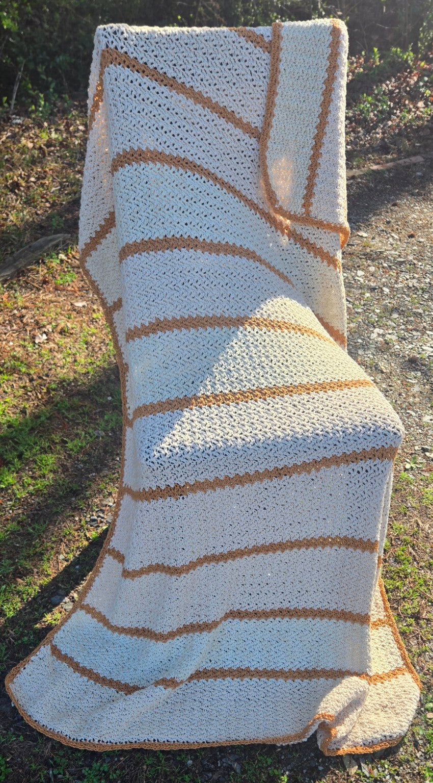 Summer Solstice handmade 100% cotton crochet afghan, cream and golden tan, 42 by 70 inches