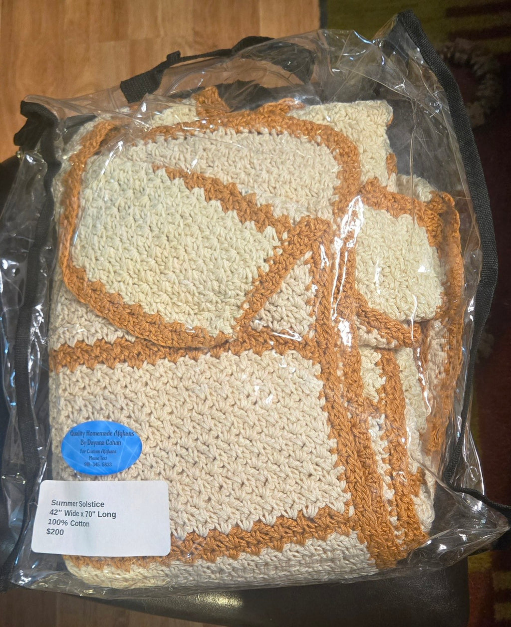 Summer Solstice Handmade 100% Cotton Crochet Afghan folded in protective storage case