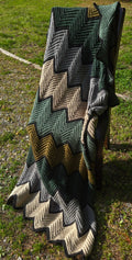 Vintage Autumn handmade crocheted afghan in forest green, gray, cream and mustard