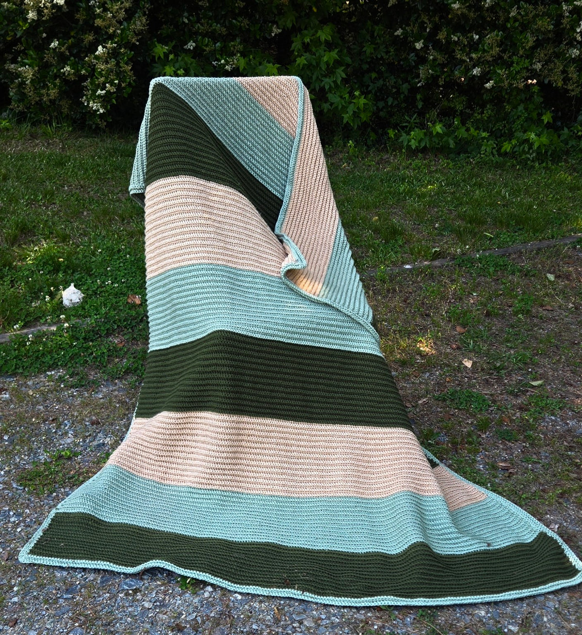 Woodland Canopy handmade crochet afghan in green cream and tan, 52 by 84 inches