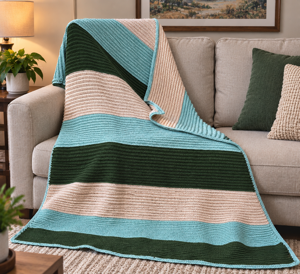 Woodland Canopy handmade crocheted afghan styled on a sofa