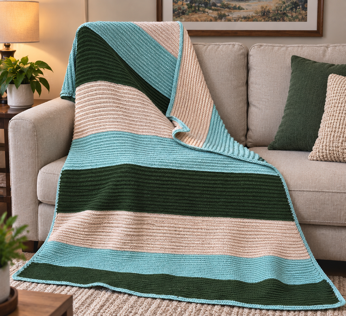 Woodland Canopy handmade crocheted afghan styled on a sofa